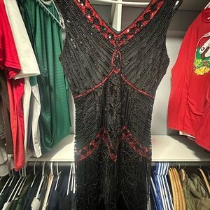 1920s Beaded and Fringed Black and Red Flapper Dress